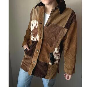 Vintage Express 90s patchwork leather jacket cowprint chore barn western boho